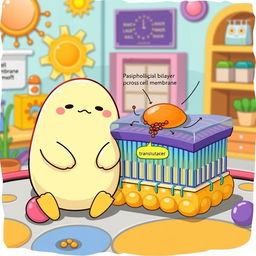 A charming illustration featuring Gudetama, the lazy egg character, sitting next to a detailed, text-free graphical representation of passive transport across a cell membrane