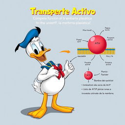 Un adorable y pequeño Pato Donald mostrando con entusiasmo el transporte activo de la membrana plasmática