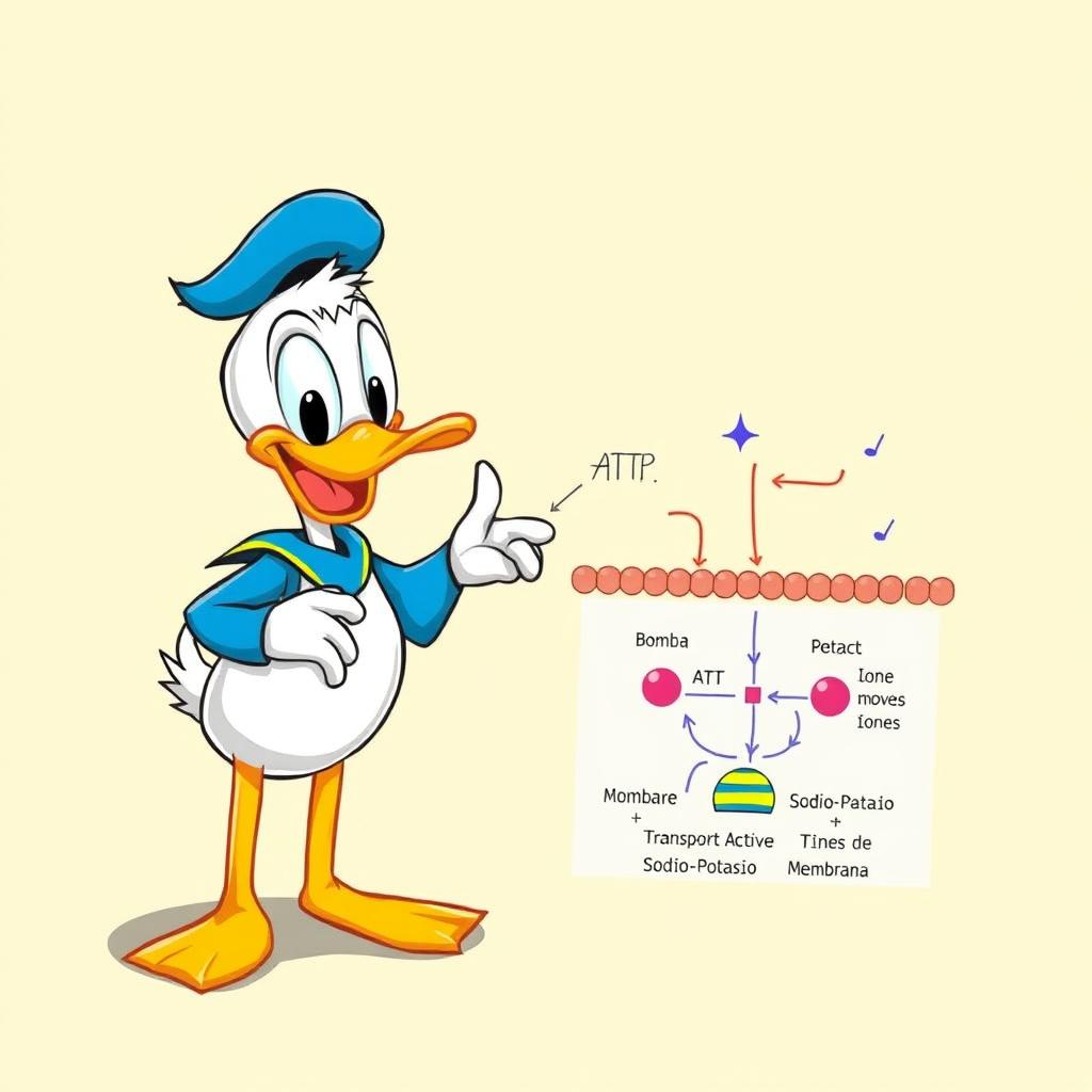 Un adorable y pequeño Pato Donald mostrando con entusiasmo el transporte activo de la membrana plasmática