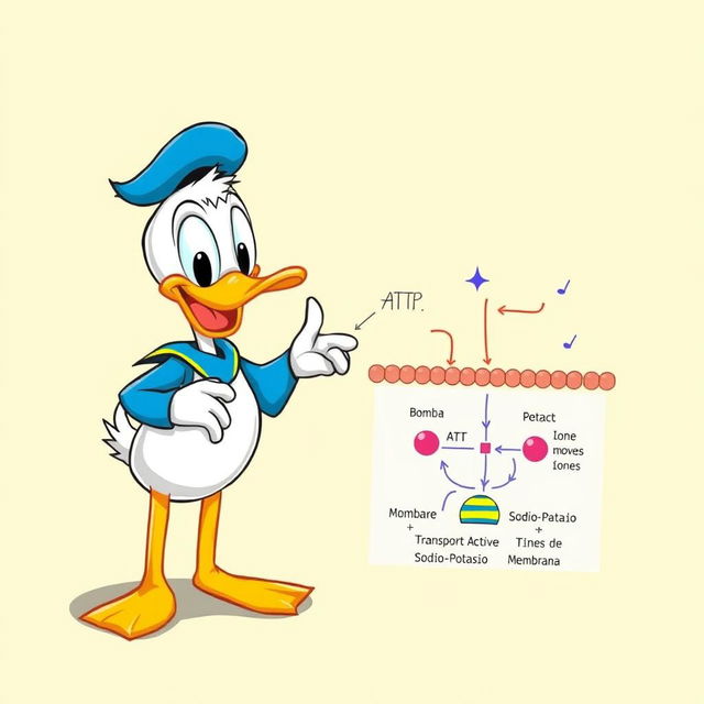 Un adorable y pequeño Pato Donald mostrando con entusiasmo el transporte activo de la membrana plasmática