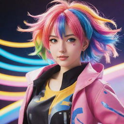 An aesthetically pleasing, anime-styled female character with colorful hair, lively eyes, and a fashionable costume, projecting a vibrant energy.