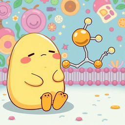 A delightful illustration featuring Gudetama, the lazy egg character, sitting next to a detailed, text-free graphical representation of a phospholipid molecule