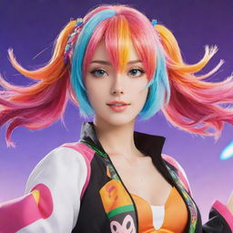 An aesthetically pleasing, anime-styled female character with colorful hair, lively eyes, and a fashionable costume, projecting a vibrant energy.