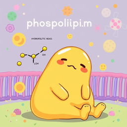 A delightful illustration featuring Gudetama, the lazy egg character, sitting next to a detailed, text-free graphical representation of a phospholipid molecule