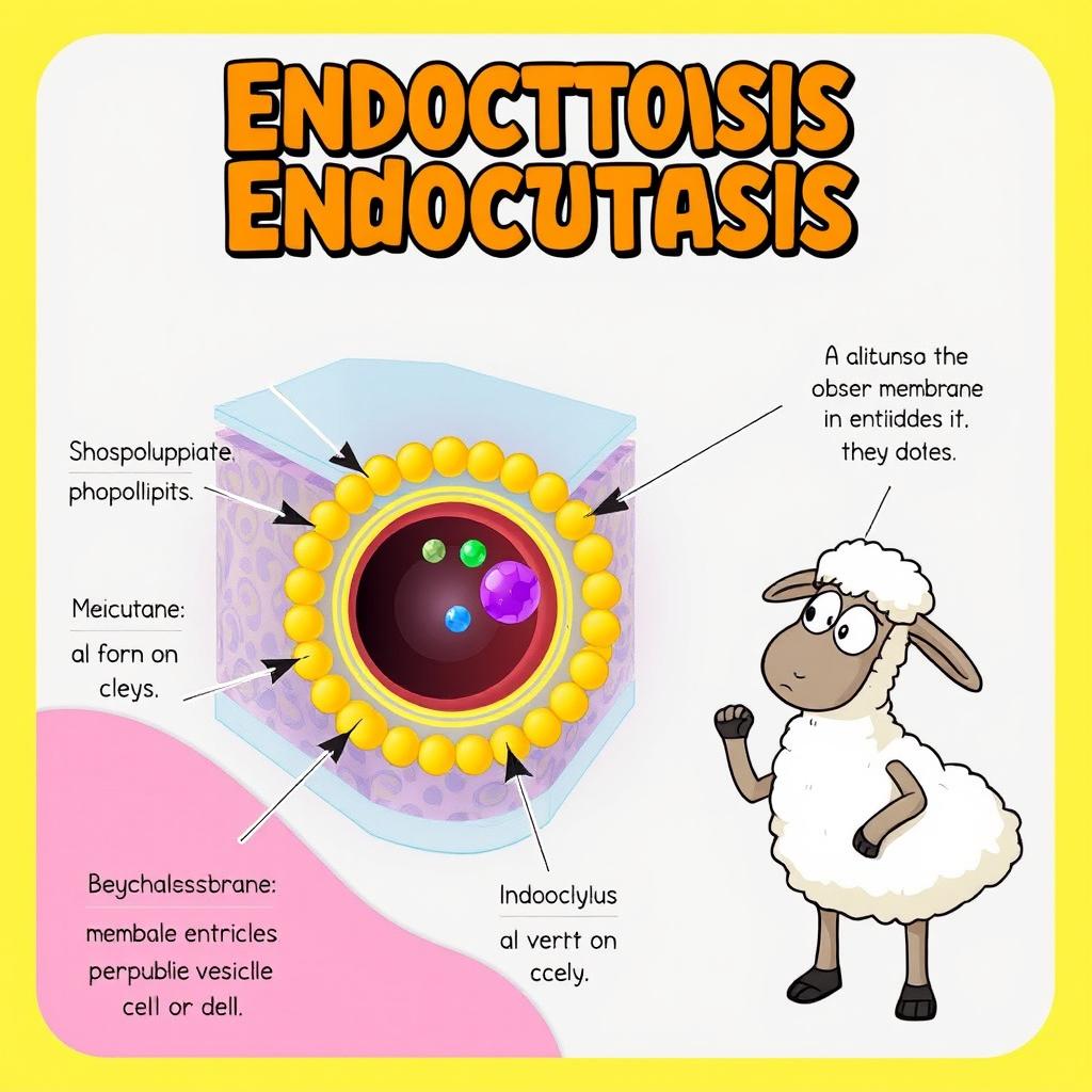 An educational and detailed illustration of a cell membrane undergoing endocytosis, meticulously explaining the process