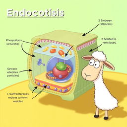 An educational and detailed illustration of a cell membrane undergoing endocytosis, meticulously explaining the process