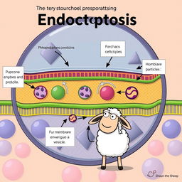 An educational and detailed illustration of a cell membrane undergoing endocytosis, meticulously explaining the process