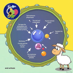 An educational and detailed illustration of a cell membrane undergoing endocytosis, meticulously explaining the process