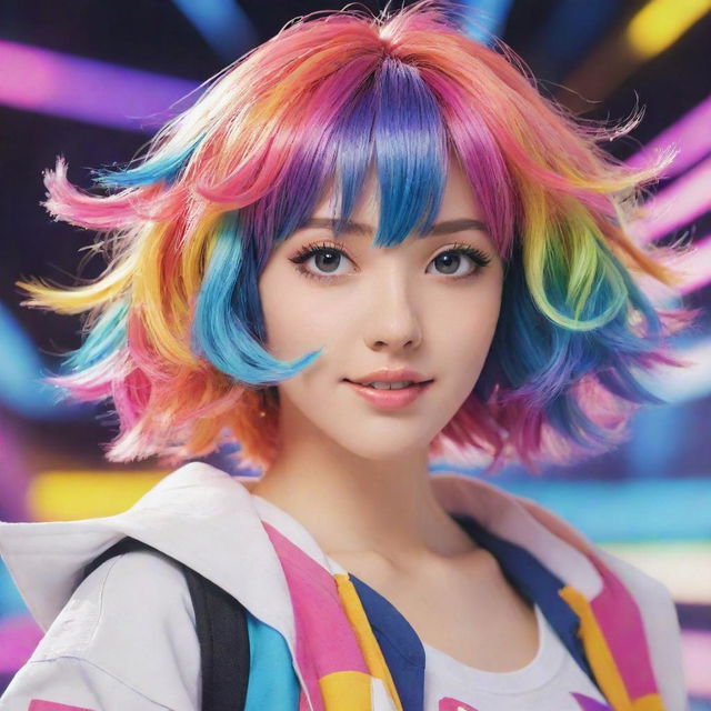 An aesthetically pleasing, anime-styled female character with colorful hair, lively eyes, and a fashionable costume, projecting a vibrant energy.