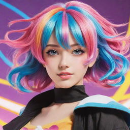 An aesthetically pleasing, anime-styled female character with colorful hair, lively eyes, and a fashionable costume, projecting a vibrant energy.