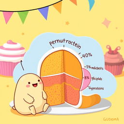 A whimsical illustration featuring Gudetama, the lazy egg character, sitting next to a colorful cake diagram that visually represents its composition