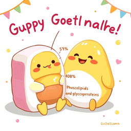 A whimsical illustration featuring Gudetama, the lazy egg character, sitting next to a colorful cake diagram that visually represents its composition