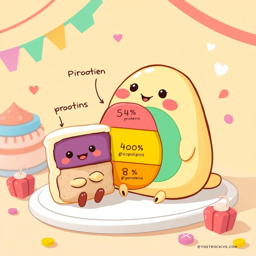 A whimsical illustration featuring Gudetama, the lazy egg character, sitting next to a colorful cake diagram that visually represents its composition