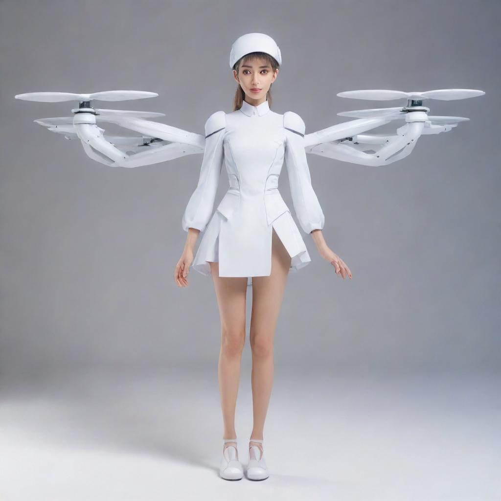 A unique and imaginative creation: a fashionable anime-styled female character morphed into a sleek, state-of-the-art drone design.