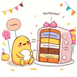 A whimsical illustration featuring Gudetama, the lazy egg character, sitting next to a colorful cake diagram that visually represents its composition