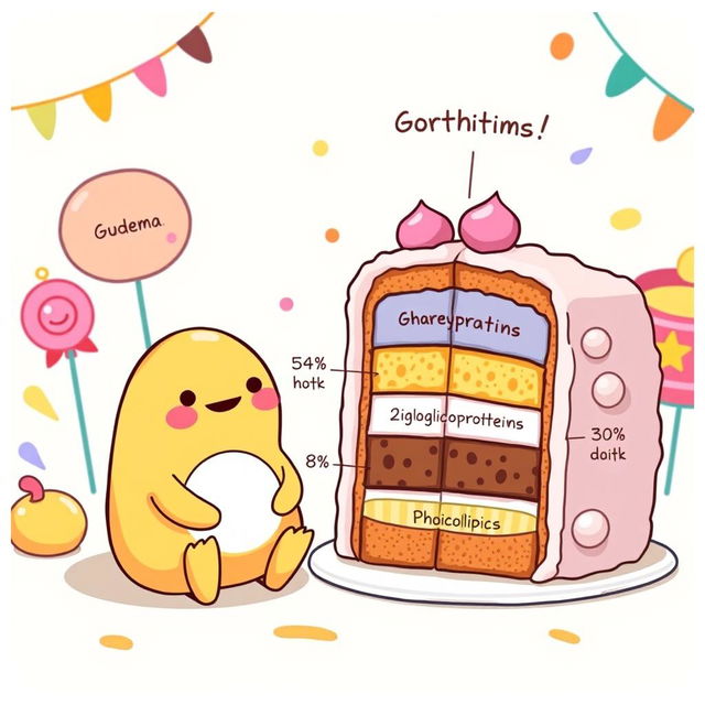 A whimsical illustration featuring Gudetama, the lazy egg character, sitting next to a colorful cake diagram that visually represents its composition