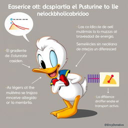 Un tierno y pequeño Pato Donald explicando el transporte pasivo de la membrana plasmática con entusiasmo