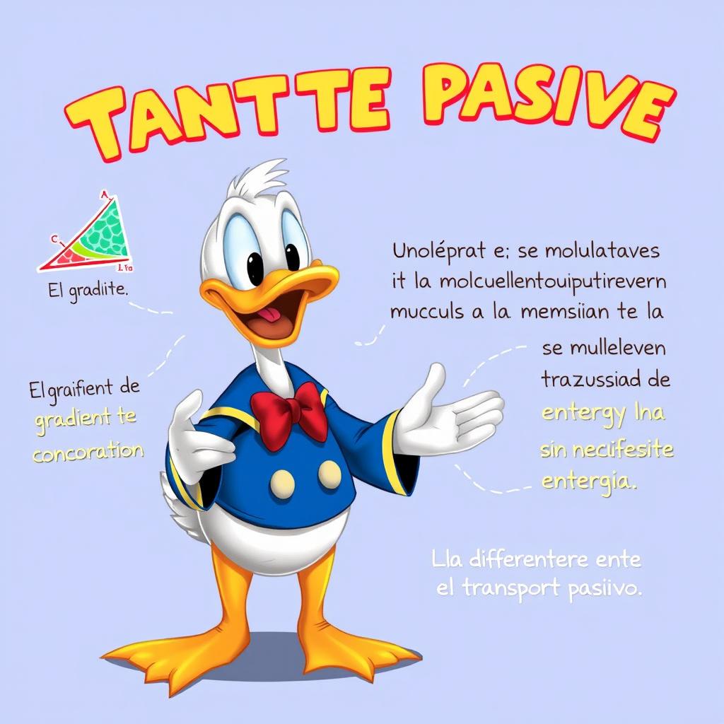 Un tierno y pequeño Pato Donald explicando el transporte pasivo de la membrana plasmática con entusiasmo