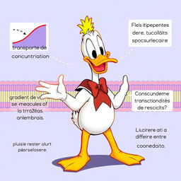 Un tierno y pequeño Pato Donald explicando el transporte pasivo de la membrana plasmática con entusiasmo