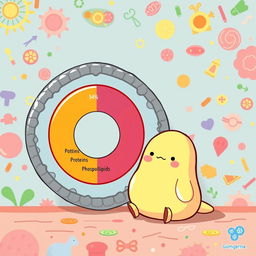 A whimsical illustration featuring Gudetama, the lazy egg character, sitting next to a circular graphical representation demonstrating the composition of a cell membrane