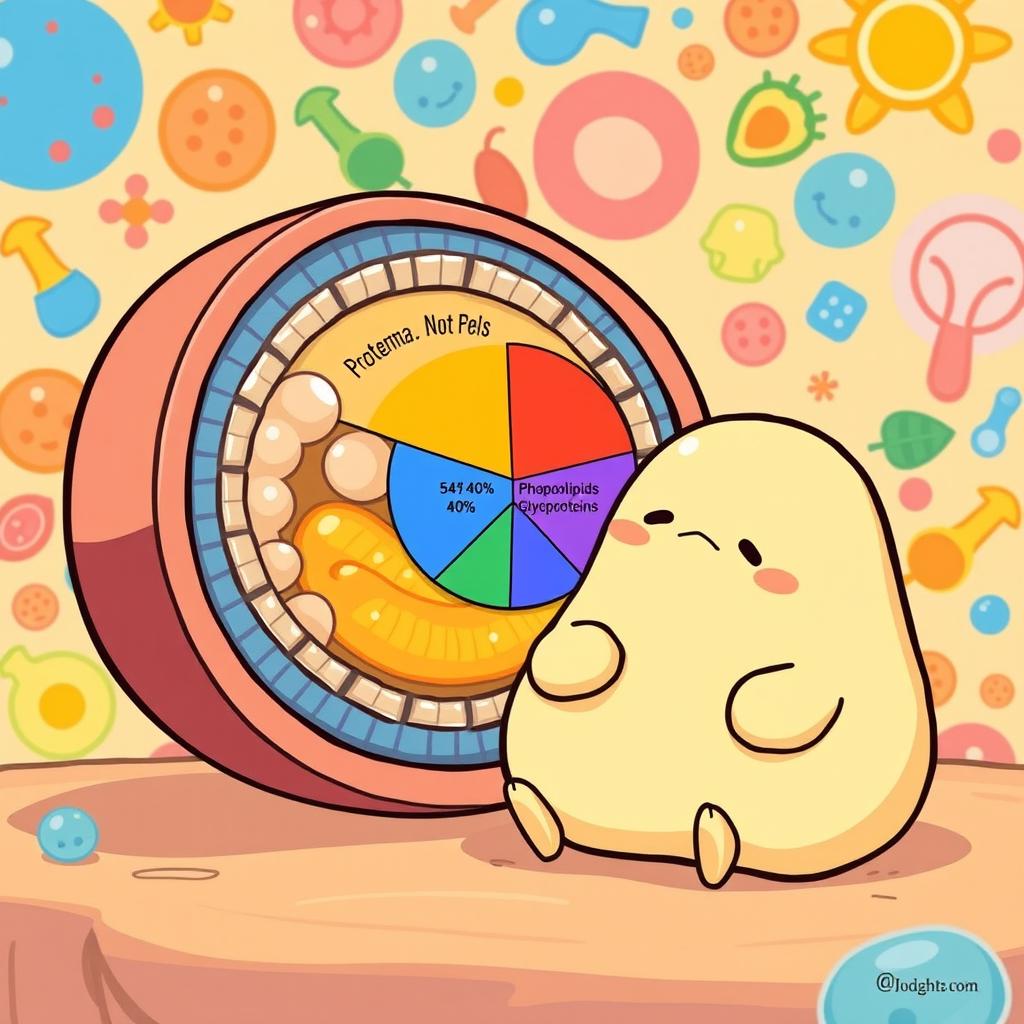 A whimsical illustration featuring Gudetama, the lazy egg character, sitting next to a circular graphical representation demonstrating the composition of a cell membrane