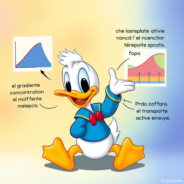 Un Pato Donald adorable, pequeño y simpático, explicando el transporte pasivo de la membrana plasmática de manera entusiasta