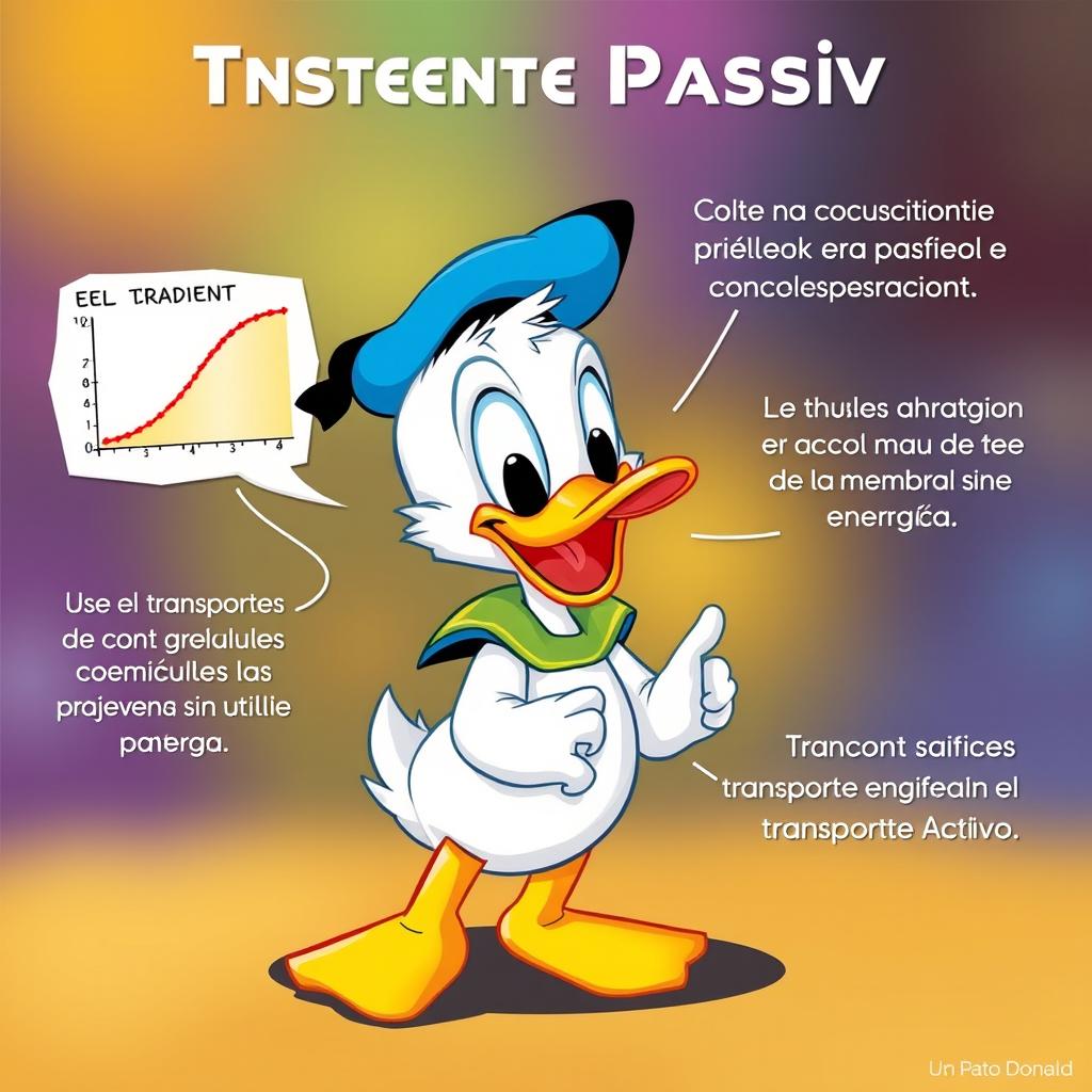 Un Pato Donald adorable, pequeño y simpático, explicando el transporte pasivo de la membrana plasmática de manera entusiasta