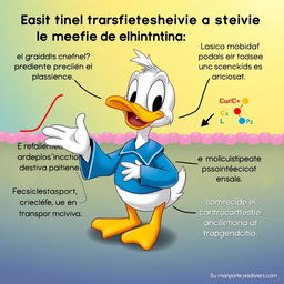 Un Pato Donald adorable, pequeño y simpático, explicando el transporte pasivo de la membrana plasmática de manera entusiasta