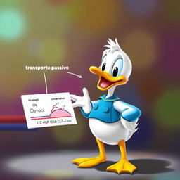 Un Pato Donald tierno, bonito y chiquito, explicando de forma amigable el transporte pasivo de la membrana plasmática