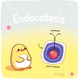 A playful illustration featuring Gudetama, the lazy egg character, sitting next to a detailed, text-free graphical representation of the process of endocytosis