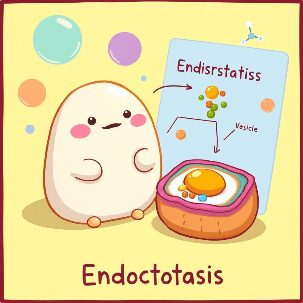 A playful illustration featuring Gudetama, the lazy egg character, sitting next to a detailed, text-free graphical representation of the process of endocytosis