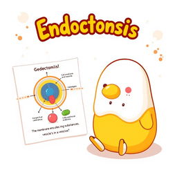 A playful illustration featuring Gudetama, the lazy egg character, sitting next to a detailed, text-free graphical representation of the process of endocytosis