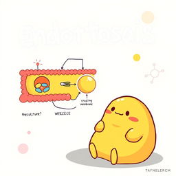 A playful illustration featuring Gudetama, the lazy egg character, sitting next to a detailed, text-free graphical representation of the process of endocytosis