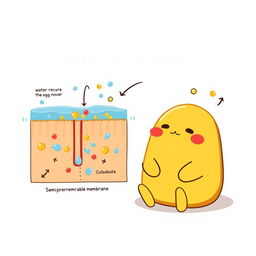 A playful illustration featuring Gudetama, the lazy egg character, sitting next to a detailed, text-free graphical representation of the process of osmosis