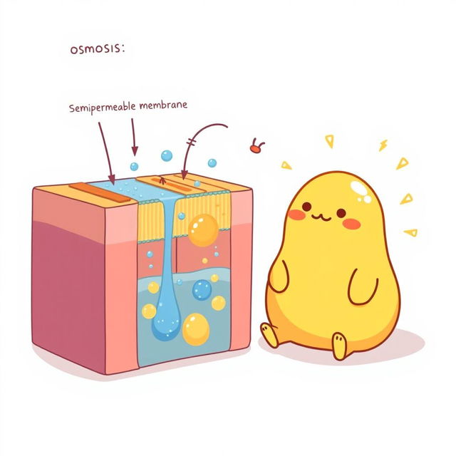 A playful illustration featuring Gudetama, the lazy egg character, sitting next to a detailed, text-free graphical representation of the process of osmosis