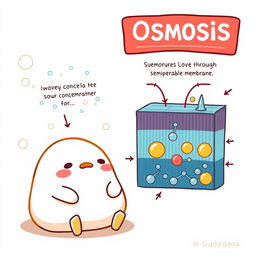 A playful illustration featuring Gudetama, the lazy egg character, sitting next to a detailed, text-free graphical representation of the process of osmosis