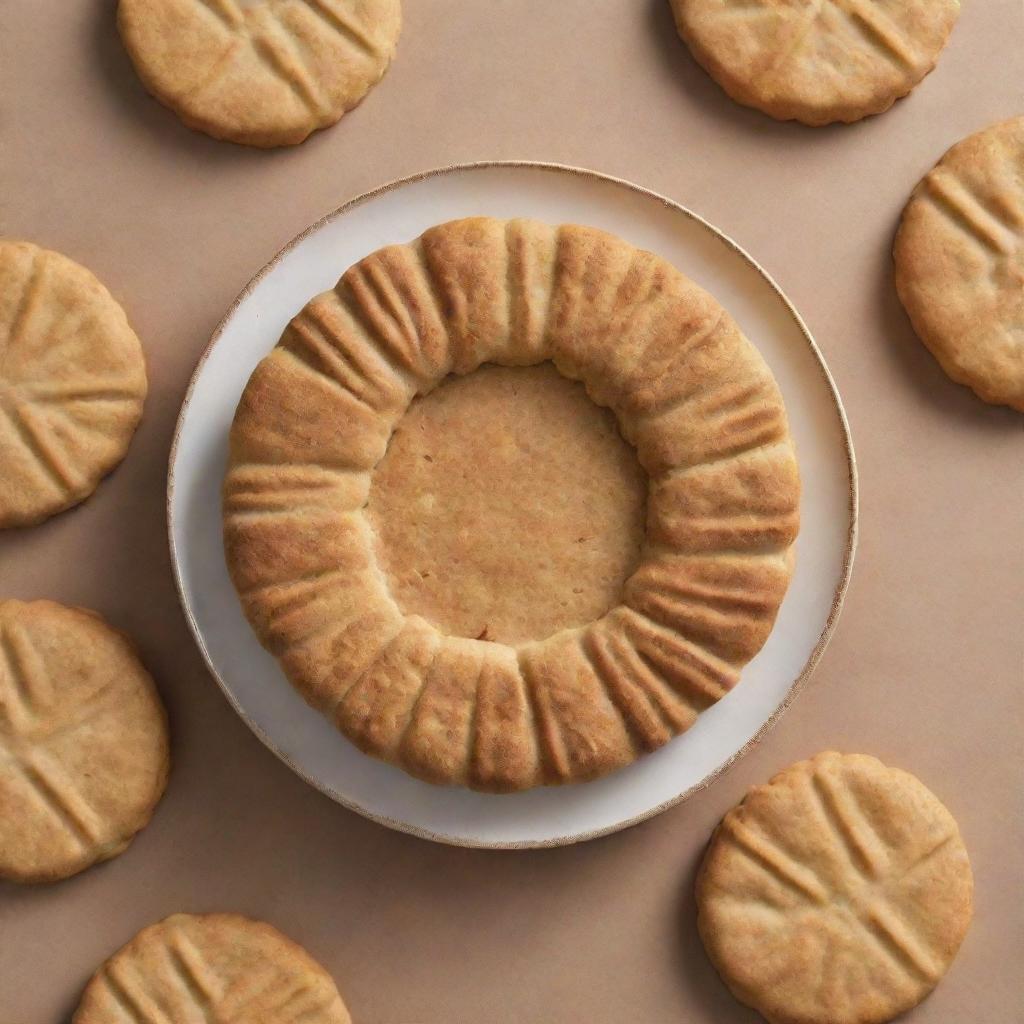 Generate an image of a Minasa biscuit from the Philippines. This delicacy should be depicted as crumbly, with its unique patterned top. The surrounding scene should evoke a warm, homely vibe