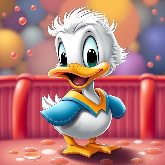 Una imagen encantadora de un Pato Donald, tierno, bonito y chiquito, representado de manera caricaturesca y amigable, en un entorno colorido