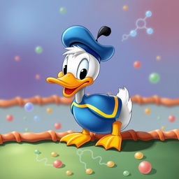 Una imagen encantadora de un Pato Donald, tierno, bonito y chiquito, representado de manera caricaturesca y amigable, en un entorno colorido