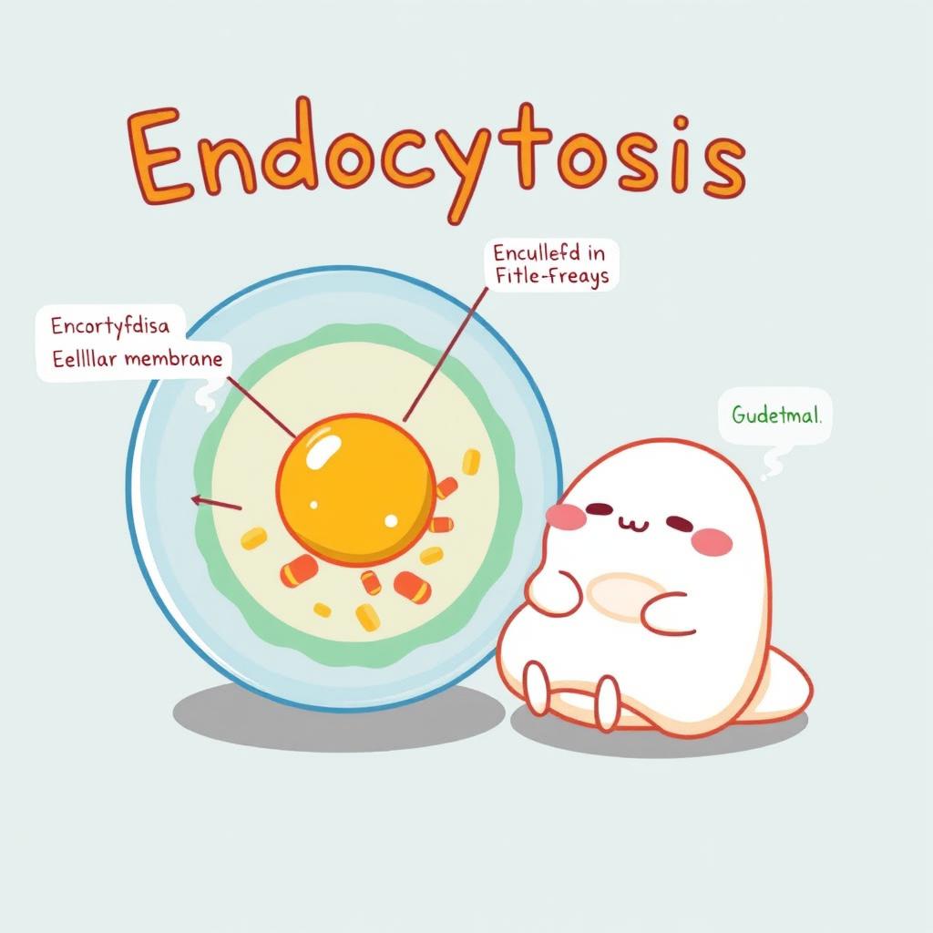 An educational illustration showcasing endocytosis of a cellular membrane, emphasizing the process with clear labels and vibrant colors to depict the cell membrane and the engulfed materials