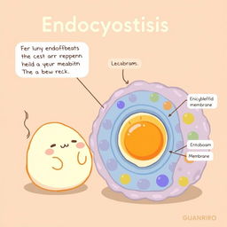 An educational illustration showcasing endocytosis of a cellular membrane, emphasizing the process with clear labels and vibrant colors to depict the cell membrane and the engulfed materials