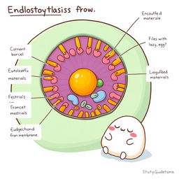 An educational illustration showcasing endocytosis of a cellular membrane, emphasizing the process with clear labels and vibrant colors to depict the cell membrane and the engulfed materials