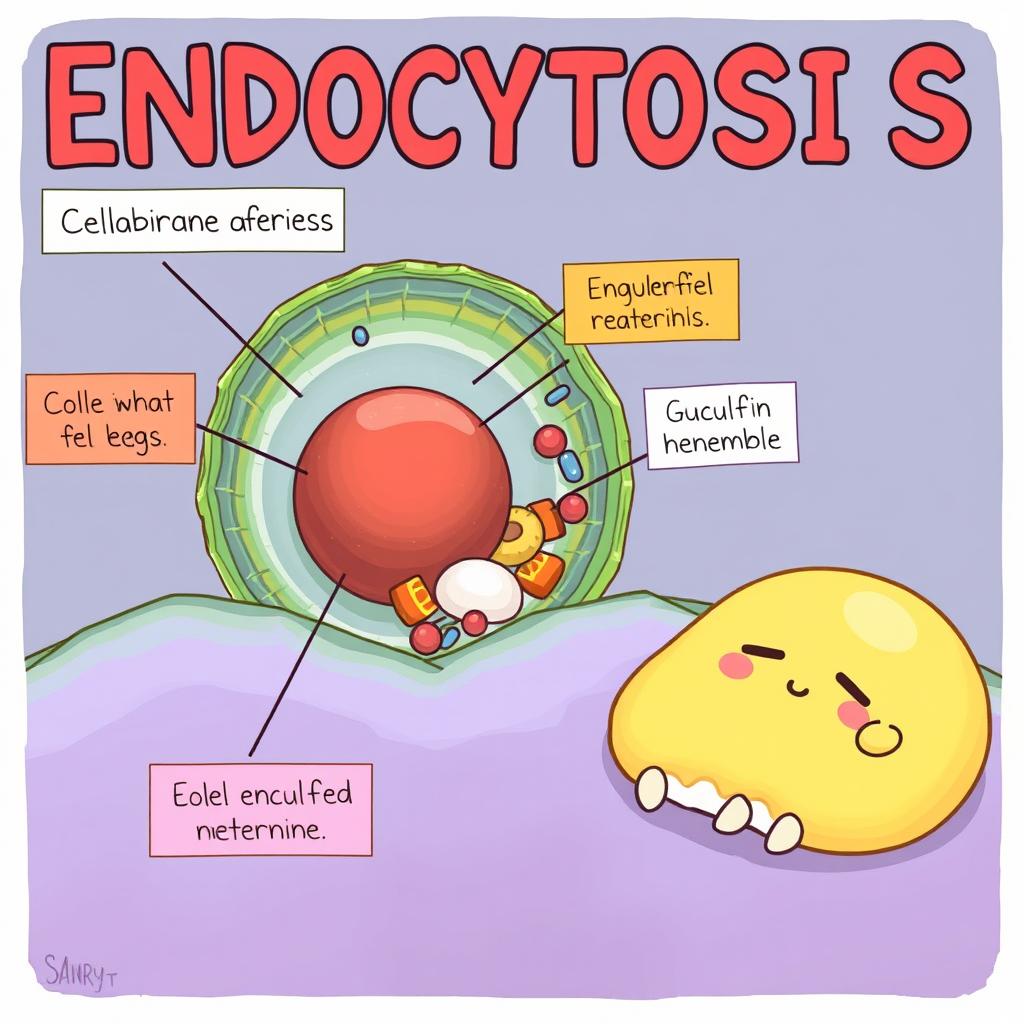 An educational illustration showcasing endocytosis of a cellular membrane, emphasizing the process with clear labels and vibrant colors to depict the cell membrane and the engulfed materials