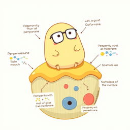 A charming illustration of Gudetama, the lazy egg character from Sanrio, sitting atop a giant, cartoonish cell membrane