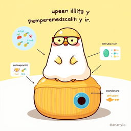 A charming illustration of Gudetama, the lazy egg character from Sanrio, sitting atop a giant, cartoonish cell membrane