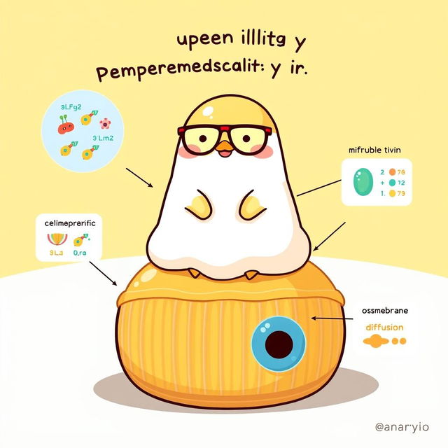 A charming illustration of Gudetama, the lazy egg character from Sanrio, sitting atop a giant, cartoonish cell membrane