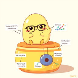 A charming illustration of Gudetama, the lazy egg character from Sanrio, sitting atop a giant, cartoonish cell membrane