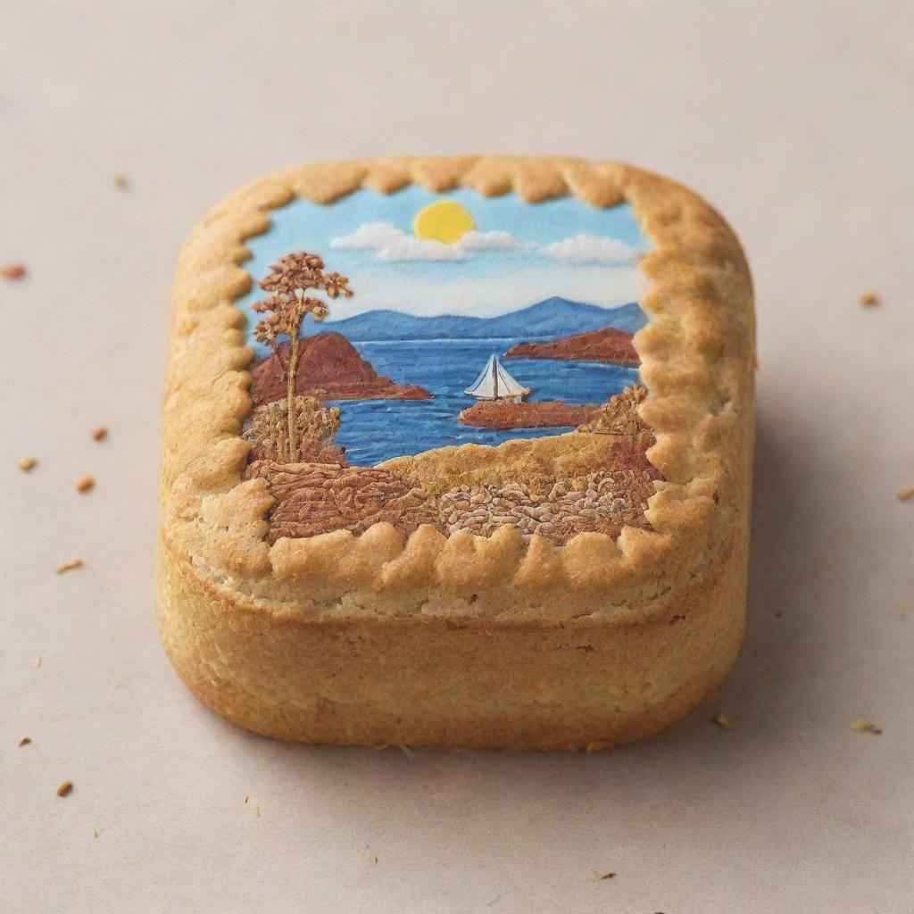 Generate an image of a Minasa biscuit from the Philippines. This delicacy should be depicted as crumbly, with its unique patterned top. The surrounding scene should evoke a warm, homely vibe