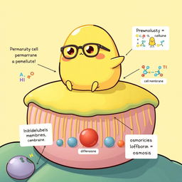 A charming illustration of Gudetama, the lazy egg character from Sanrio, sitting atop a giant, cartoonish cell membrane