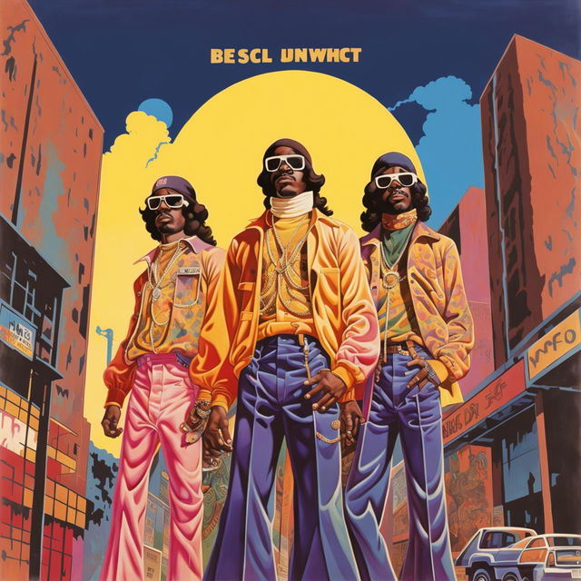 Vintage 70s rap album cover featuring four rappers in a gritty cityscape at sunset. One holds a glock symbolizing their struggle. Album title in bold graffiti-style lettering.